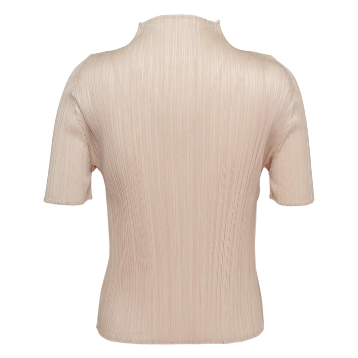 Pleats Please Issey Miyake Monthly Colors May short sleeve mock neck top in blush pink pleated fabric, product flat lay on white background