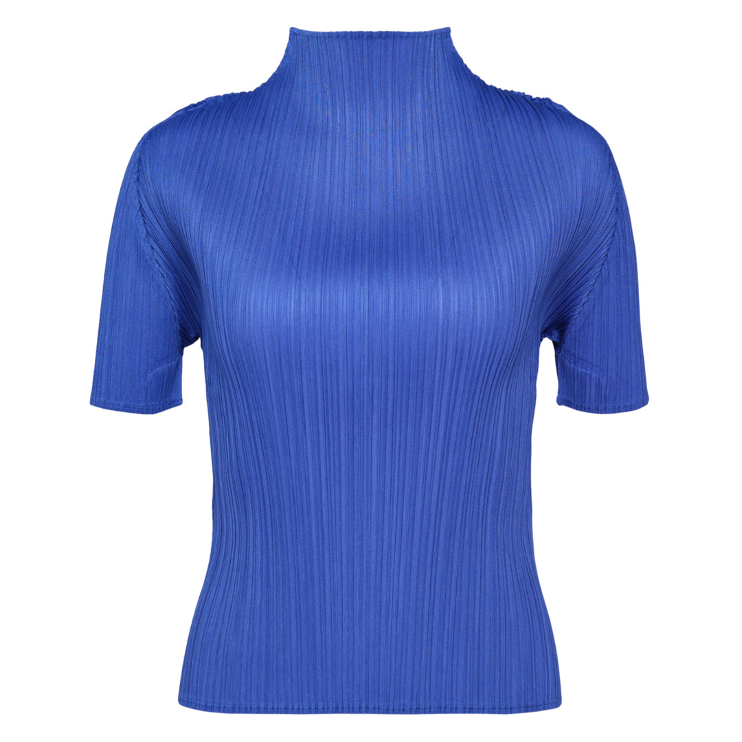 Pleats Please Issey Miyake Monthly Colors May short sleeve mock neck top in blush pink pleated fabric, product flat lay on white background