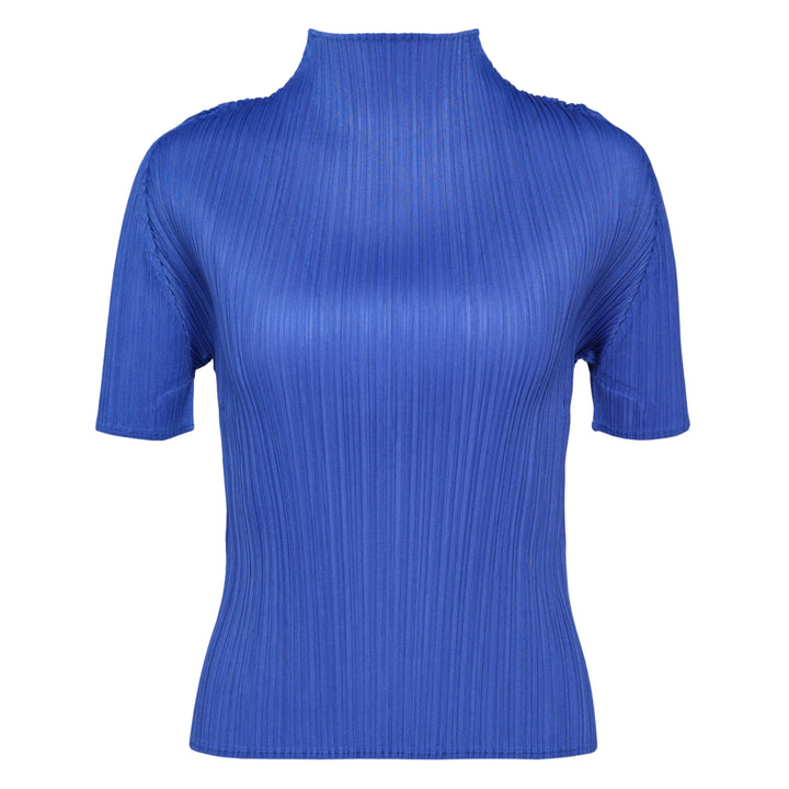 Pleats Please Issey Miyake Monthly Colors May short sleeve mock neck top in blush pink pleated fabric, product flat lay on white background