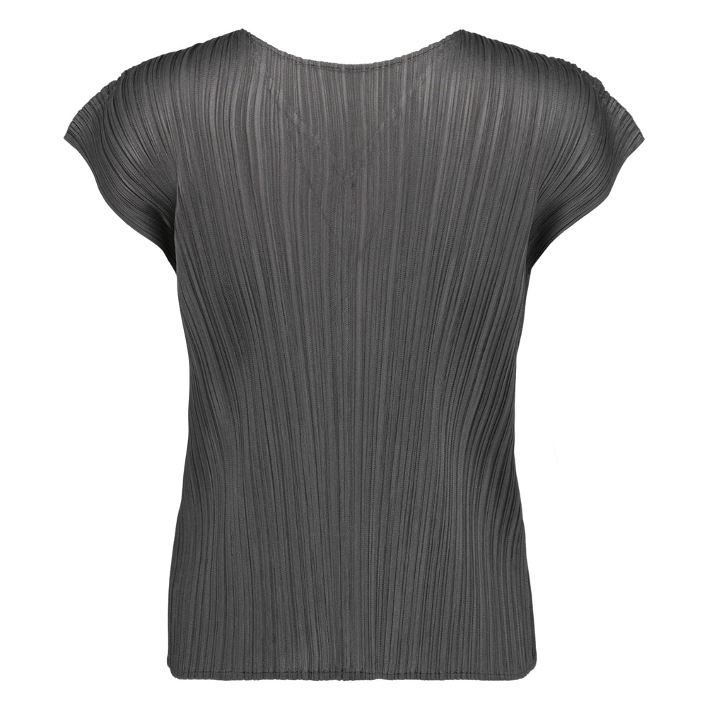 Pleats Please Issey Miyake Monthly Colors June V-neck cap sleeve top in apricot with fine permanent pleating throughout