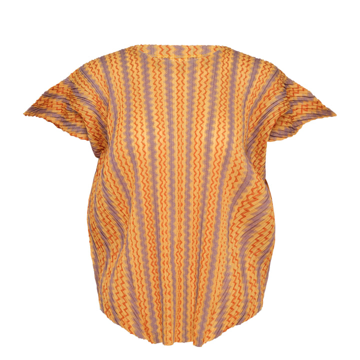 Pleats Please Issey Miyake Cotton Zigzag Pleated Shirt — back view, flutter sleeves, vertical zigzag stripe pattern in gold, purple and orange