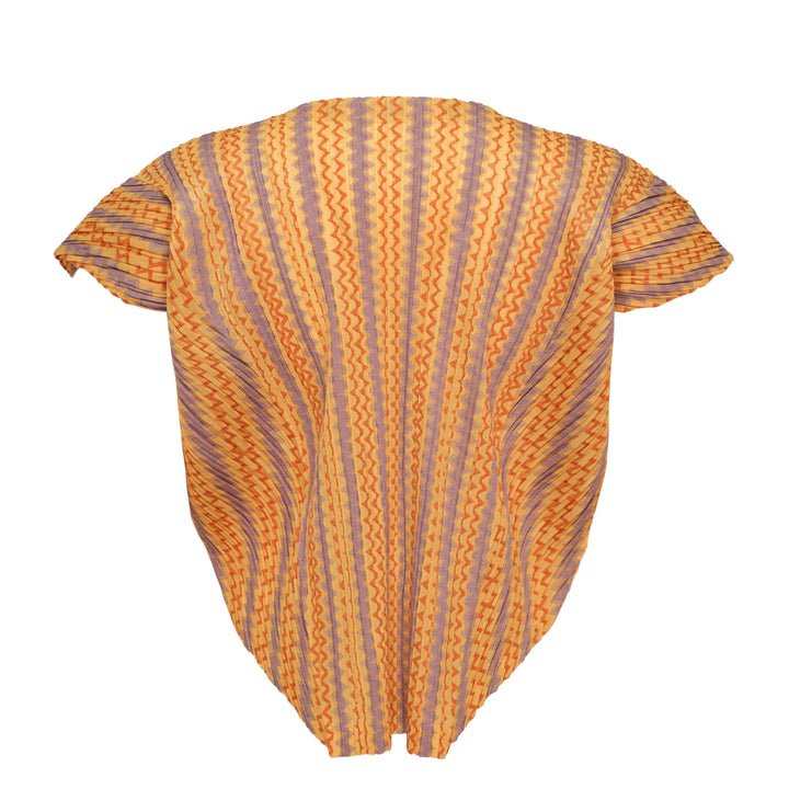 Pleats Please Issey Miyake Cotton Zigzag Pleated Shirt — back view, flutter sleeves, vertical zigzag stripe pattern in gold, purple and orange