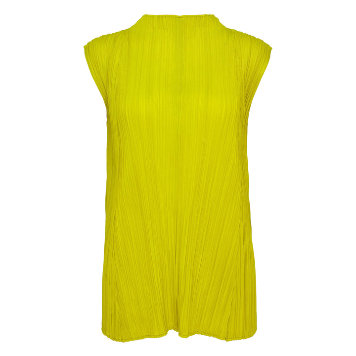 Pleats Please Issey Miyake Mellow Pleats sleeveless top in chartreuse yellow-green with all-over pleating and mock neckline