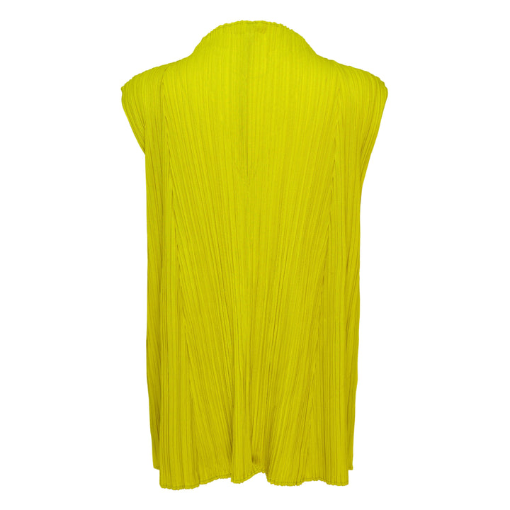 Pleats Please Issey Miyake Mellow Pleats sleeveless top in chartreuse yellow-green with all-over pleating and mock neckline