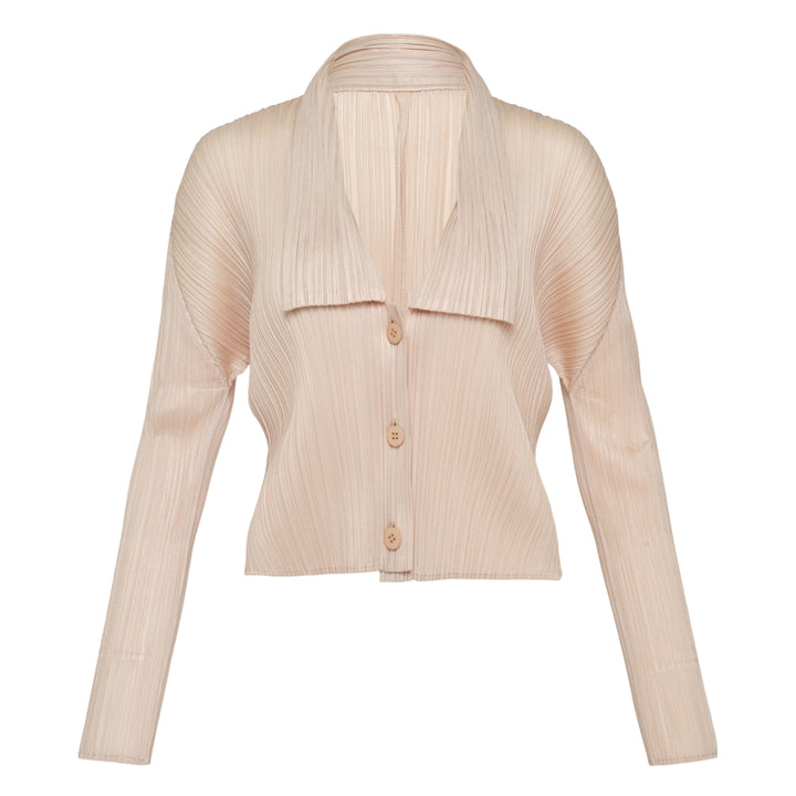 Pleats Please Issey Miyake Monthly Colors May Cardigan in blush pink with micro-pleated fabric, wide lapel collar and tonal button-front closure