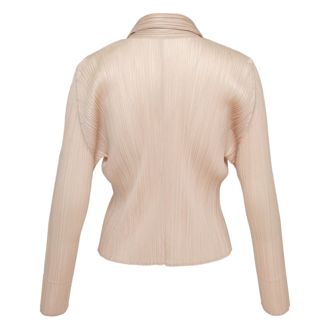 Pleats Please Issey Miyake Monthly Colors May Cardigan in blush pink with micro-pleated fabric, wide lapel collar and tonal button-front closure