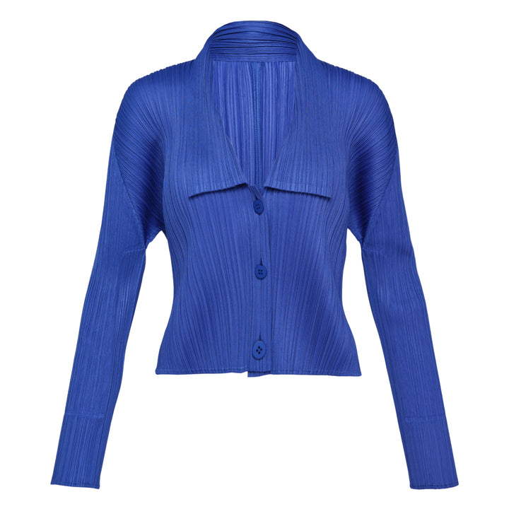 Pleats Please Issey Miyake Monthly Colors May Cardigan in blush pink with micro-pleated fabric, wide lapel collar and tonal button-front closure