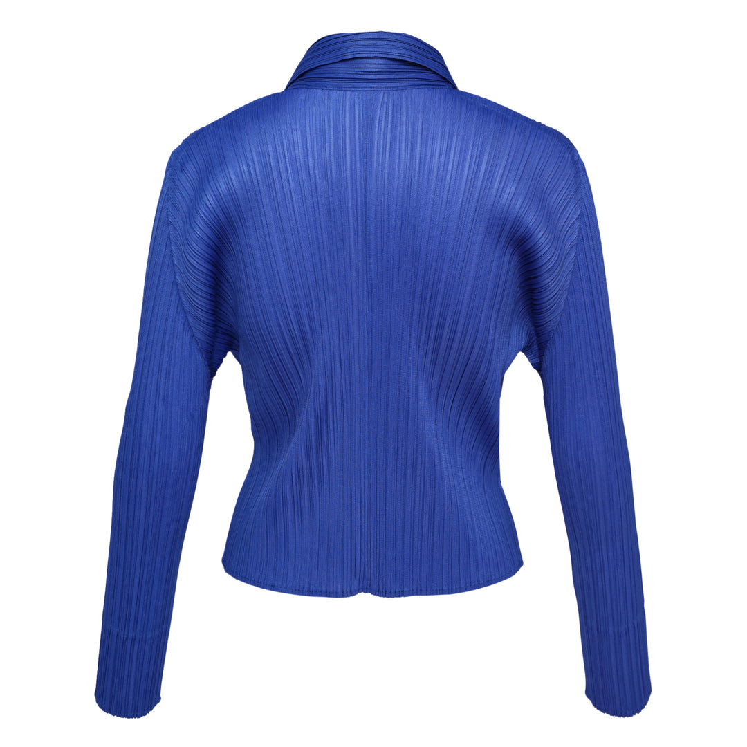 Pleats Please Issey Miyake Monthly Colors May Cardigan in blush pink with micro-pleated fabric, wide lapel collar and tonal button-front closure