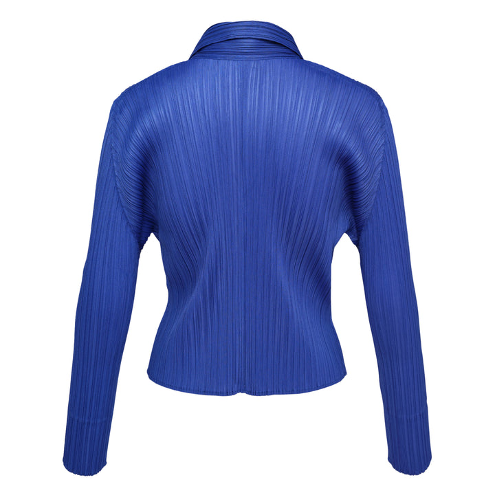 Pleats Please Issey Miyake Monthly Colors May Cardigan in blush pink with micro-pleated fabric, wide lapel collar and tonal button-front closure