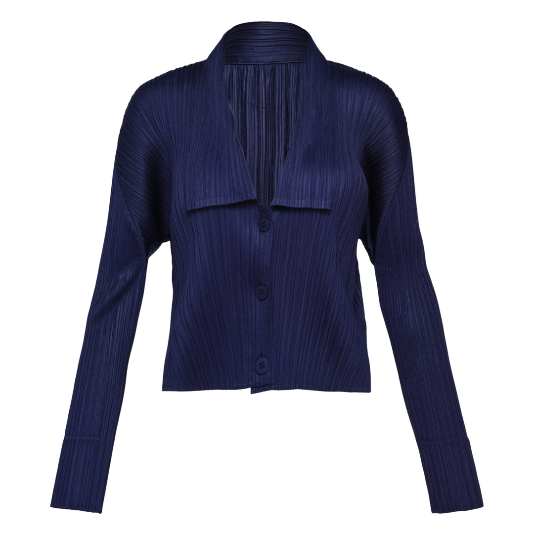 Pleats Please Issey Miyake Monthly Colors May Cardigan in blush pink with micro-pleated fabric, wide lapel collar and tonal button-front closure