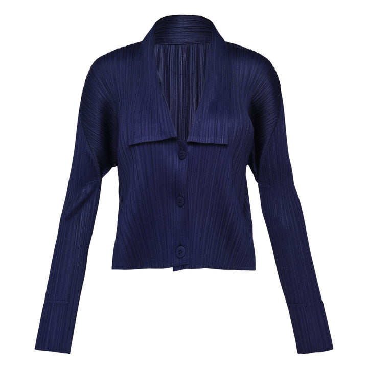 Pleats Please Issey Miyake Monthly Colors May Cardigan in blush pink with micro-pleated fabric, wide lapel collar and tonal button-front closure