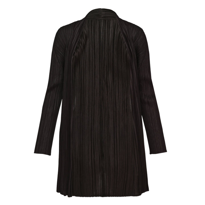 Pleats Please Issey Miyake Mellow Pleats Cardigan in black — rear view showing open-front silhouette with long sleeves and micro-pleated fabric