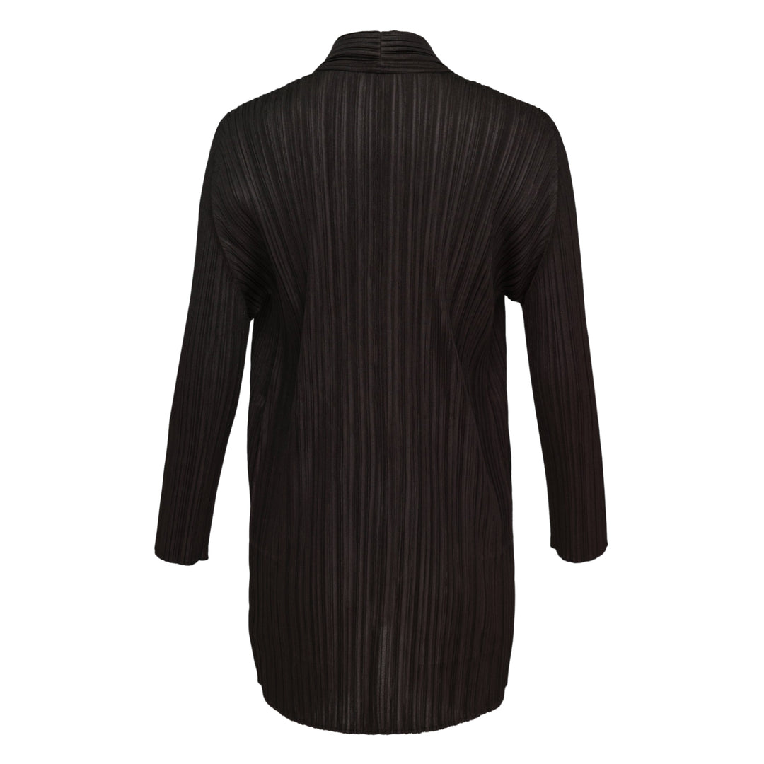 Pleats Please Issey Miyake Mellow Pleats Cardigan in black — rear view showing open-front silhouette with long sleeves and micro-pleated fabric