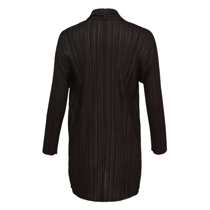 Pleats Please Issey Miyake Mellow Pleats Cardigan in black — rear view showing open-front silhouette with long sleeves and micro-pleated fabric