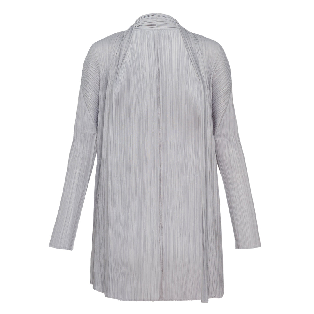 Pleats Please Issey Miyake Mellow Pleats Cardigan in black — rear view showing open-front silhouette with long sleeves and micro-pleated fabric
