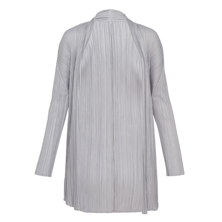 Pleats Please Issey Miyake Mellow Pleats Cardigan in black — rear view showing open-front silhouette with long sleeves and micro-pleated fabric