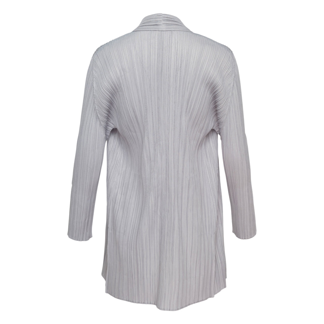 Pleats Please Issey Miyake Mellow Pleats Cardigan in black — rear view showing open-front silhouette with long sleeves and micro-pleated fabric