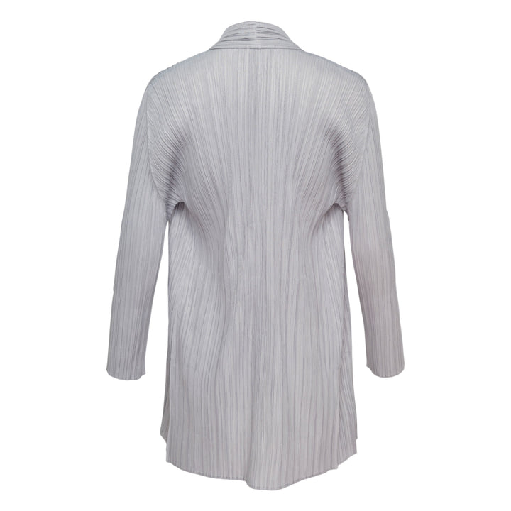 Pleats Please Issey Miyake Mellow Pleats Cardigan in black — rear view showing open-front silhouette with long sleeves and micro-pleated fabric