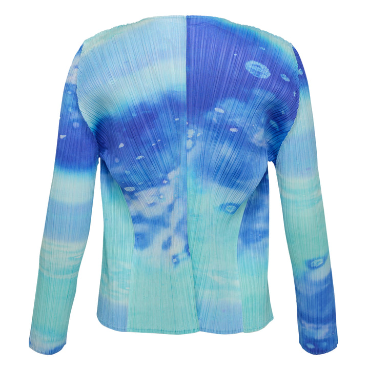 Back view of Pleats Please Issey Miyake Sea Bubble Cardigan in micro-pleated fabric with an aqua, cobalt and periwinkle blue watercolour ocean print