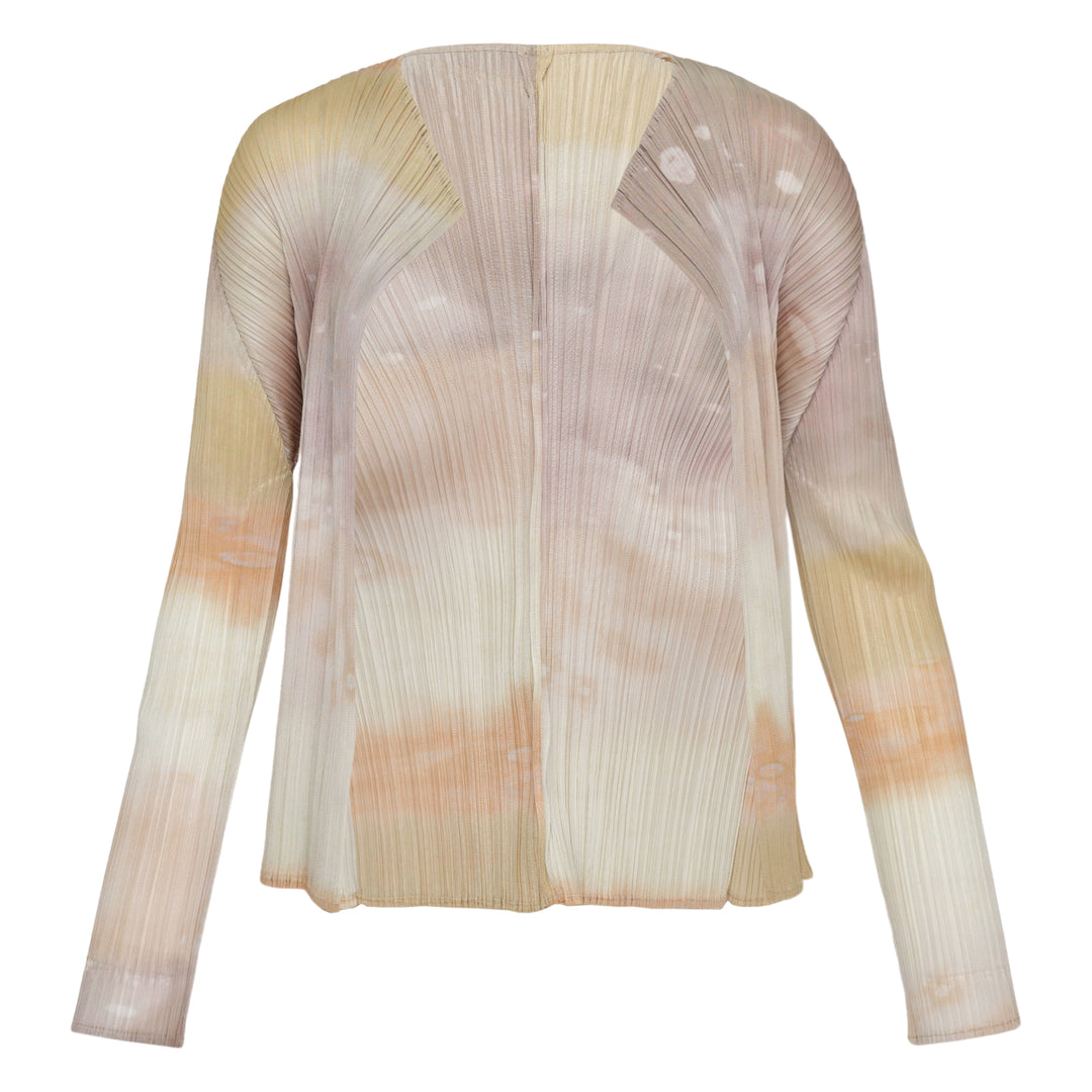 Back view of Pleats Please Issey Miyake Sea Bubble Cardigan in micro-pleated fabric with an aqua, cobalt and periwinkle blue watercolour ocean print