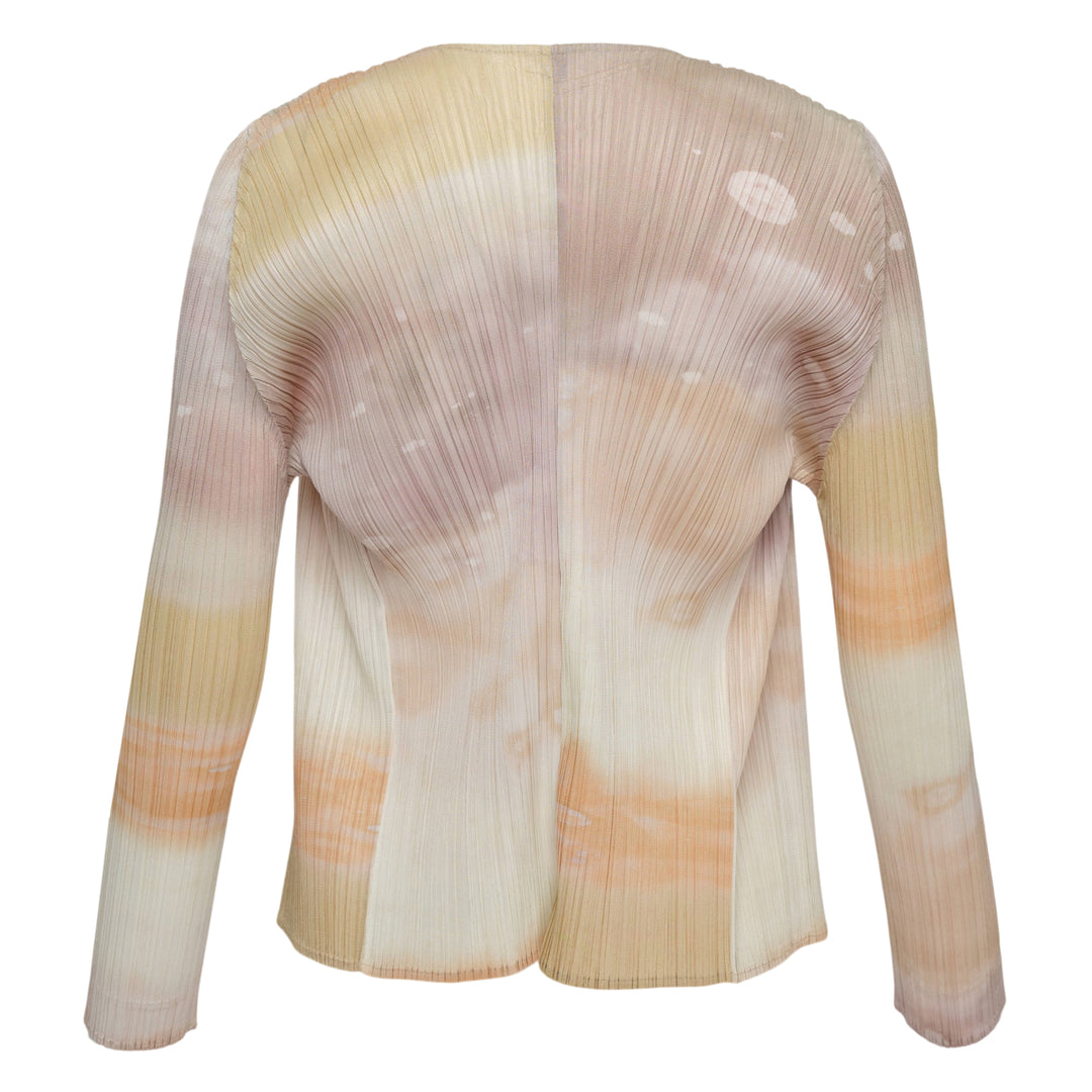 Back view of Pleats Please Issey Miyake Sea Bubble Cardigan in micro-pleated fabric with an aqua, cobalt and periwinkle blue watercolour ocean print