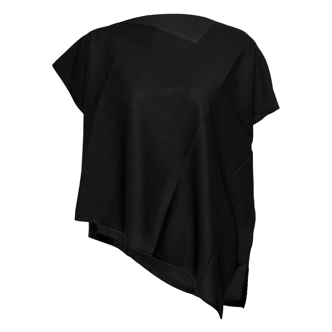 Pleats Please Issey Miyake A-POC Sea Glass Shirt in black ribbed pleated knit with asymmetric hem and oversized silhouette