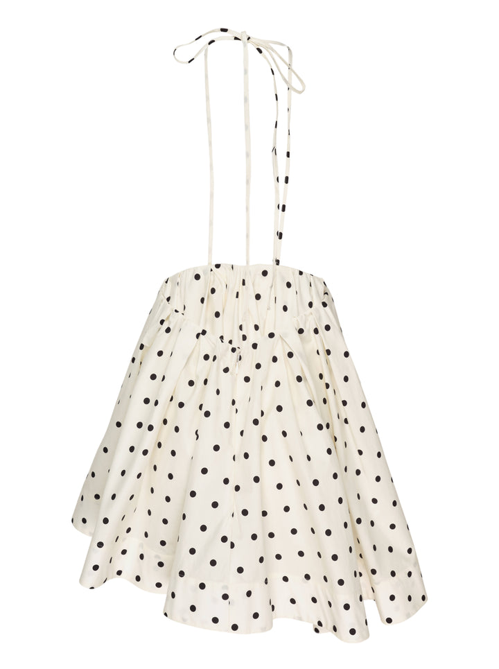 MSGM ivory halter top with black polka dots, tie straps, gathered bodice and flared asymmetric hem - view 2