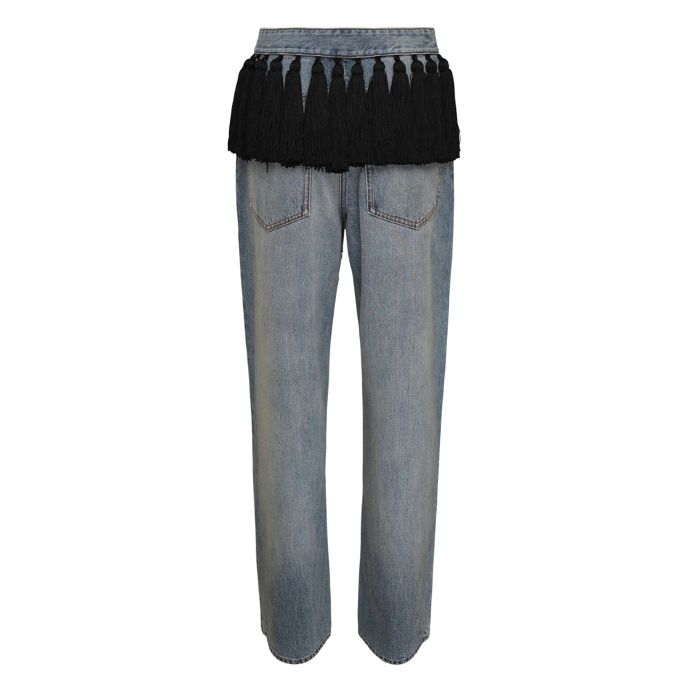 Alaïa Tassel Denim Jeans in light blue Japanese denim with black tassel trim at the waist, straight-leg silhouette, front view