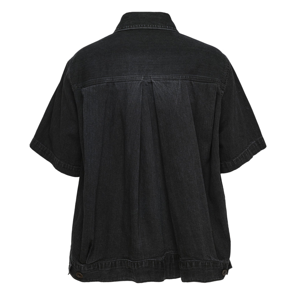sacai short sleeve washed black denim shirt with dual buttoned chest pockets, button-through placket, point collar, and side hem vents — front view