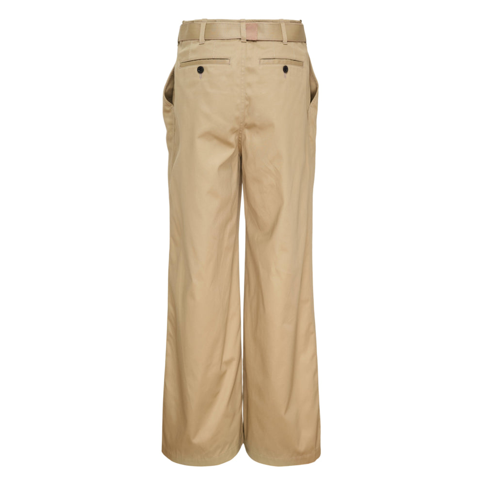 sacai belted cotton chino pants in khaki beige with wide-leg silhouette, high-rise waist, and integrated matching belt with metal buckle