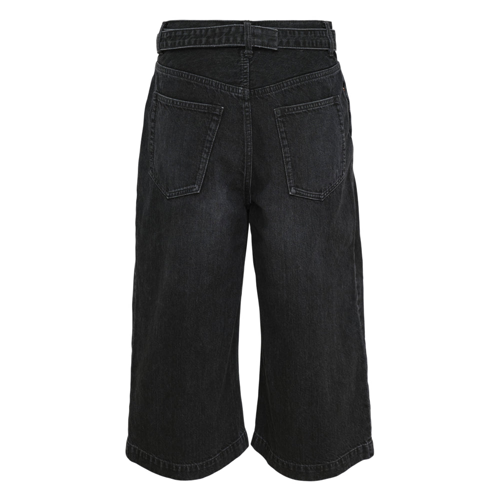 sacai wide leg washed black denim shorts with front pleats and belted waistband, front view