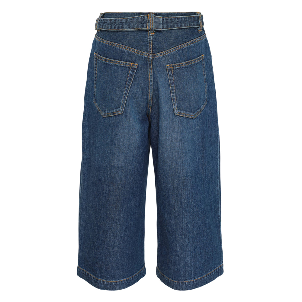 sacai wide leg washed black denim shorts with front pleats and belted waistband, front view