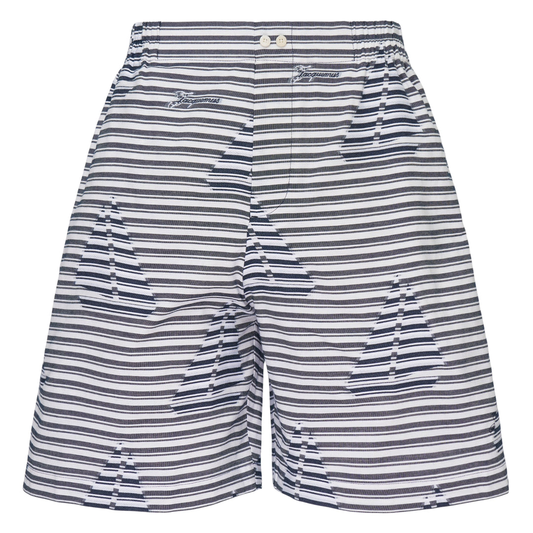 Jacquemus Le Short Caleçon Caps in navy and white stripe with all-over cap jacquard print and elasticated waistband