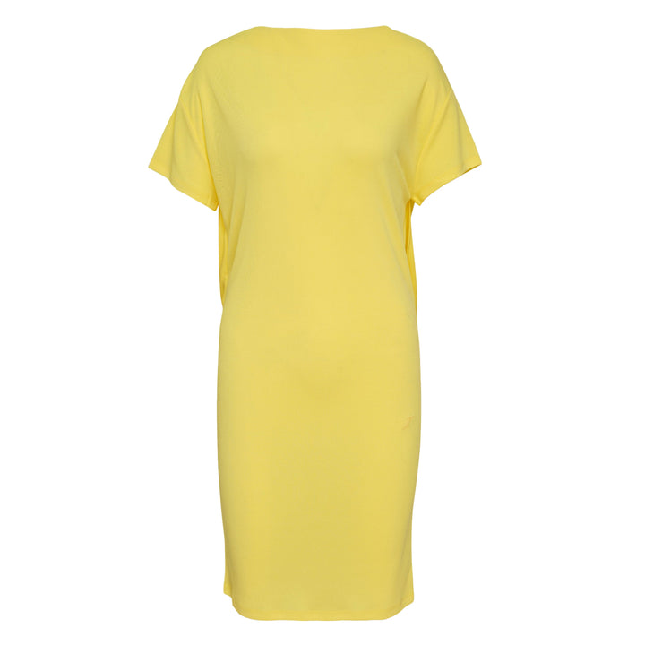 Jacquemus Mistral Short Sleeve Jersey Dress in bright lemon yellow with wide boat neckline and relaxed midi-length silhouette