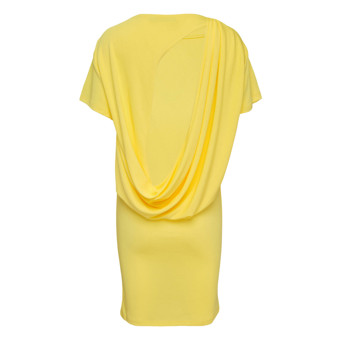 Jacquemus Mistral Short Sleeve Jersey Dress in bright lemon yellow with wide boat neckline and relaxed midi-length silhouette