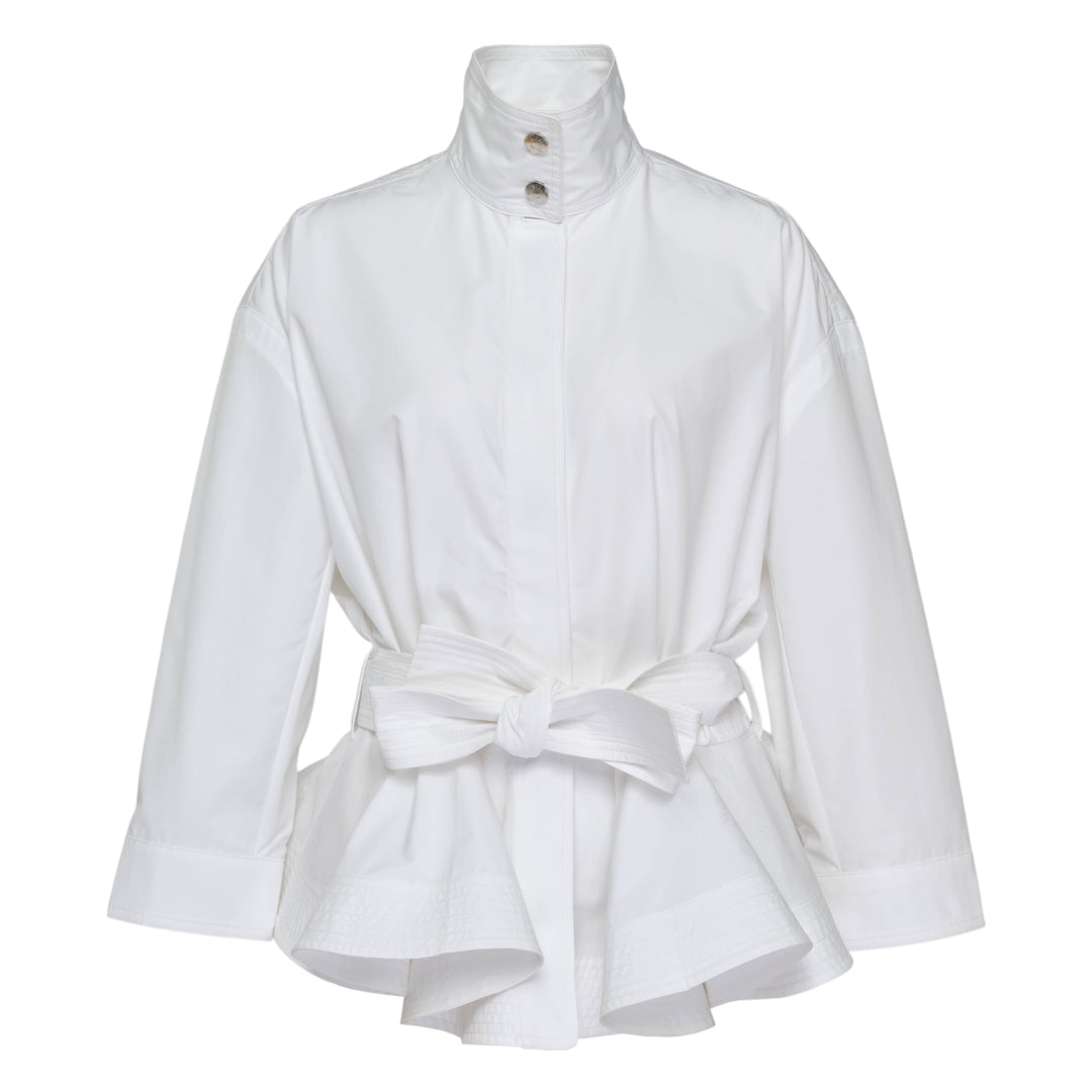 Jacquemus Cabana Woven Blouson in white with stand collar, wide long sleeves, and a self-tie belt, displayed flat on a white background