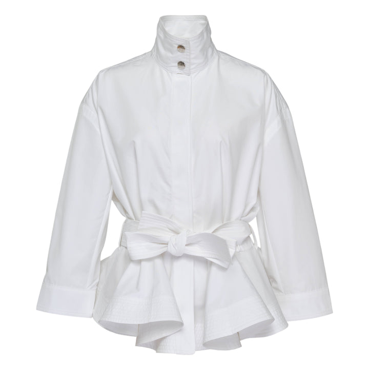 Jacquemus Cabana Woven Blouson in white with stand collar, wide long sleeves, and a self-tie belt, displayed flat on a white background
