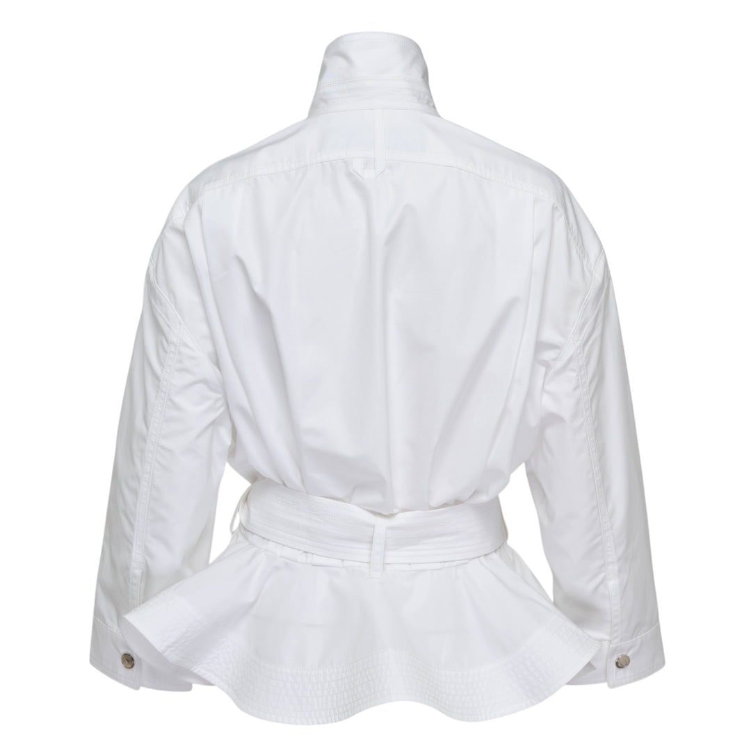 Jacquemus Cabana Woven Blouson in white with stand collar, wide long sleeves, and a self-tie belt, displayed flat on a white background