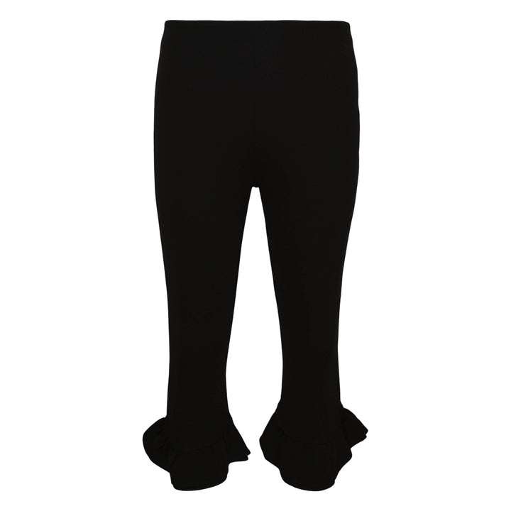 Jacquemus Bermuda Playa black jersey cropped pants with dramatic ruffle frill hem cuffs, front view on white background