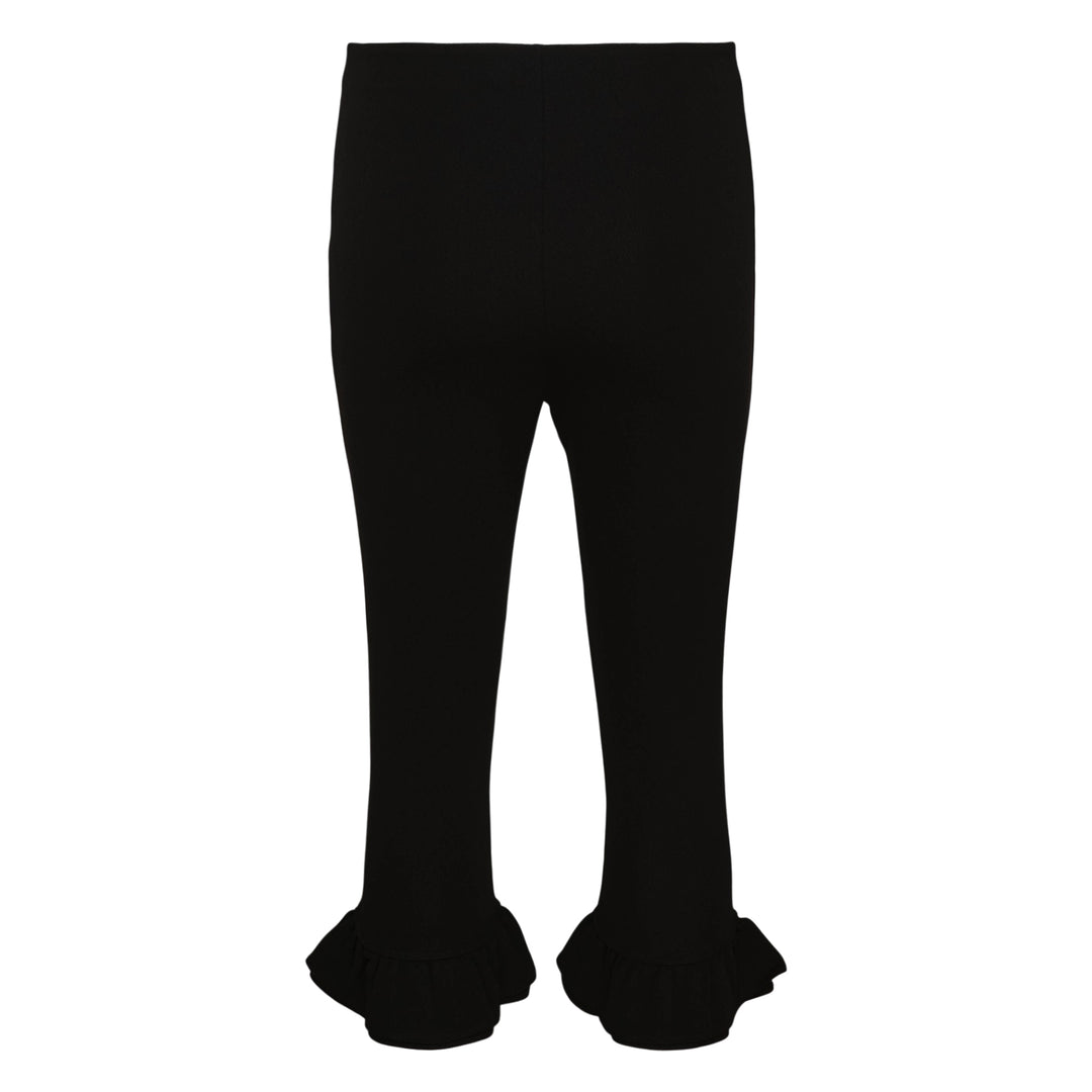 Jacquemus Bermuda Playa black jersey cropped pants with dramatic ruffle frill hem cuffs, front view on white background