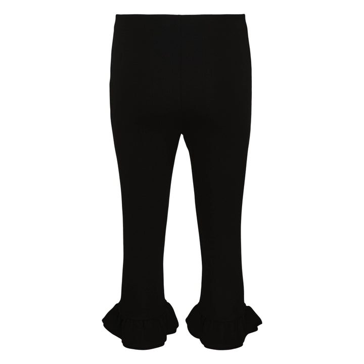 Jacquemus Bermuda Playa black jersey cropped pants with dramatic ruffle frill hem cuffs, front view on white background