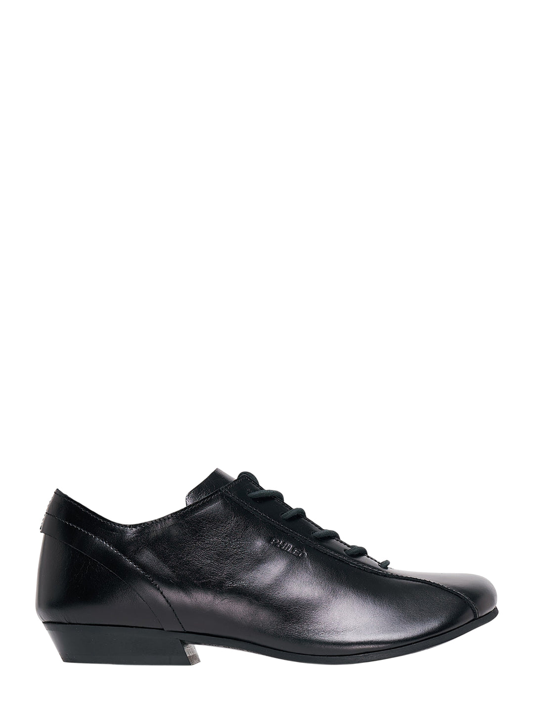 Phileo x Renli Su Cascade black leather lace-up shoe with low stacked heel, shown in side profile