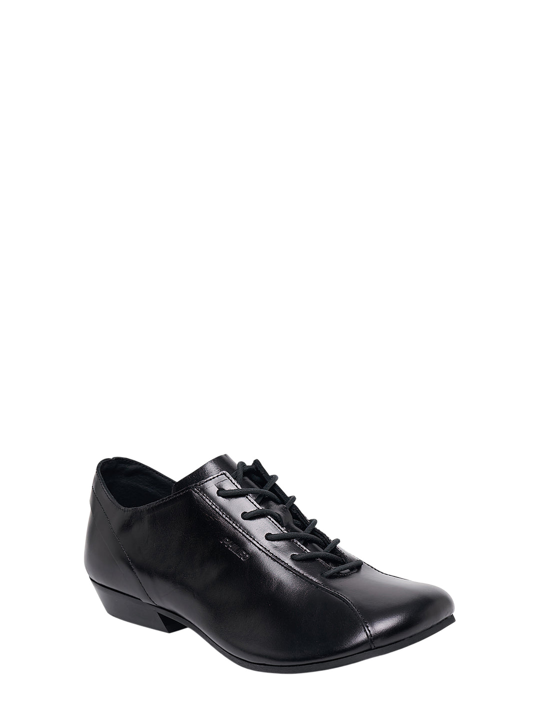 Phileo x Renli Su Cascade black leather lace-up shoe with low stacked heel, shown in side profile - view 2