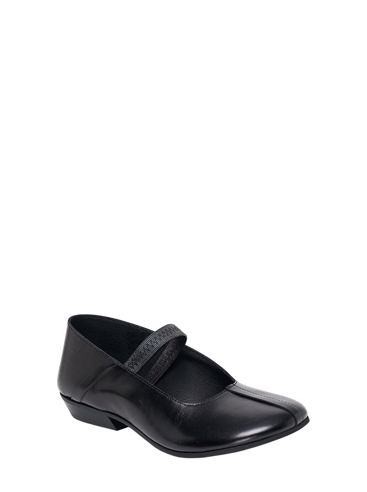 Black polished leather Mary Jane ballet flat with elasticated strap and low heel, side view - view 2
