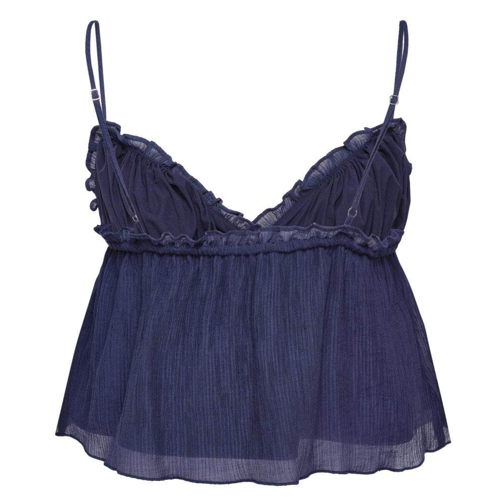 Glowny Shirred Crinkle Bustier Top in white with ruffle sweetheart neckline, adjustable spaghetti straps, and flowy babydoll hem