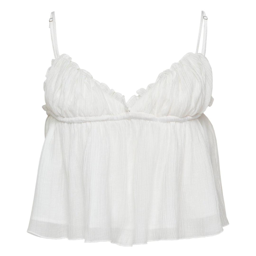 Glowny Shirred Crinkle Bustier Top in white with ruffle sweetheart neckline, adjustable spaghetti straps, and flowy babydoll hem