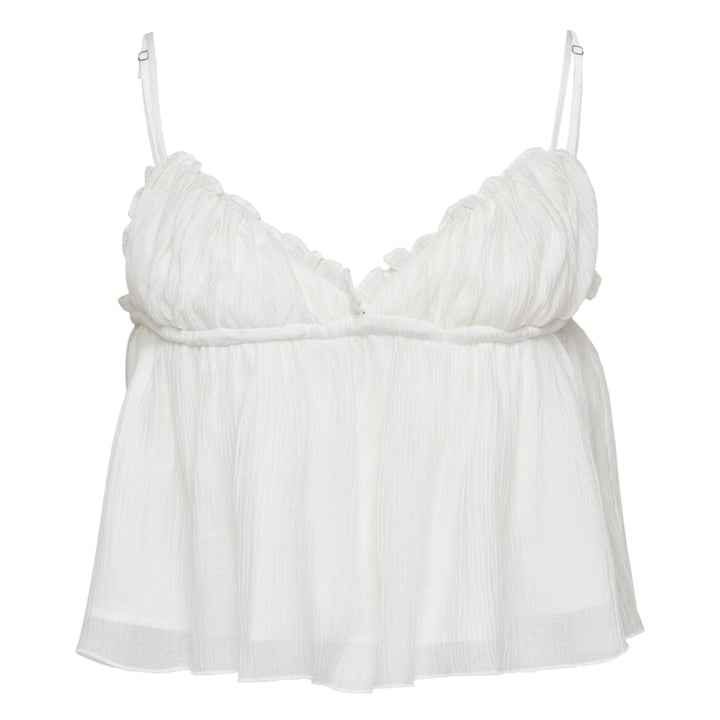 Glowny Shirred Crinkle Bustier Top in white with ruffle sweetheart neckline, adjustable spaghetti straps, and flowy babydoll hem