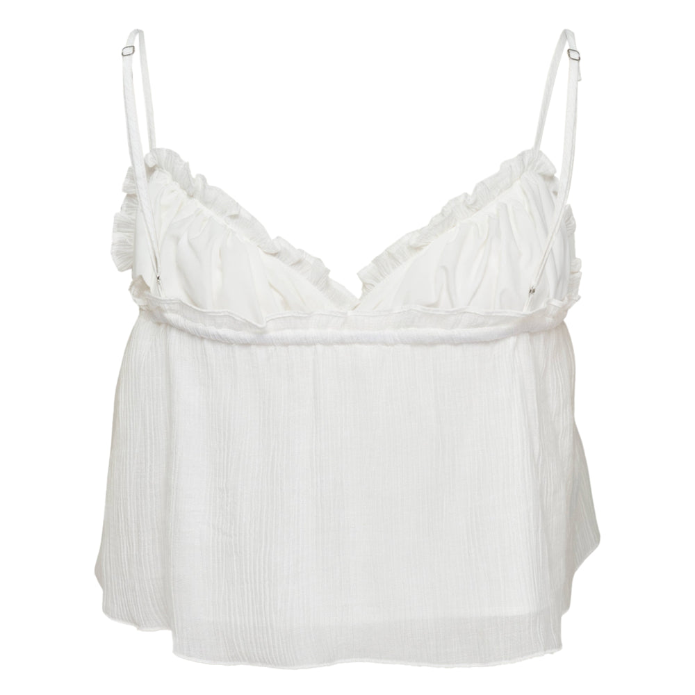 Glowny Shirred Crinkle Bustier Top in white with ruffle sweetheart neckline, adjustable spaghetti straps, and flowy babydoll hem