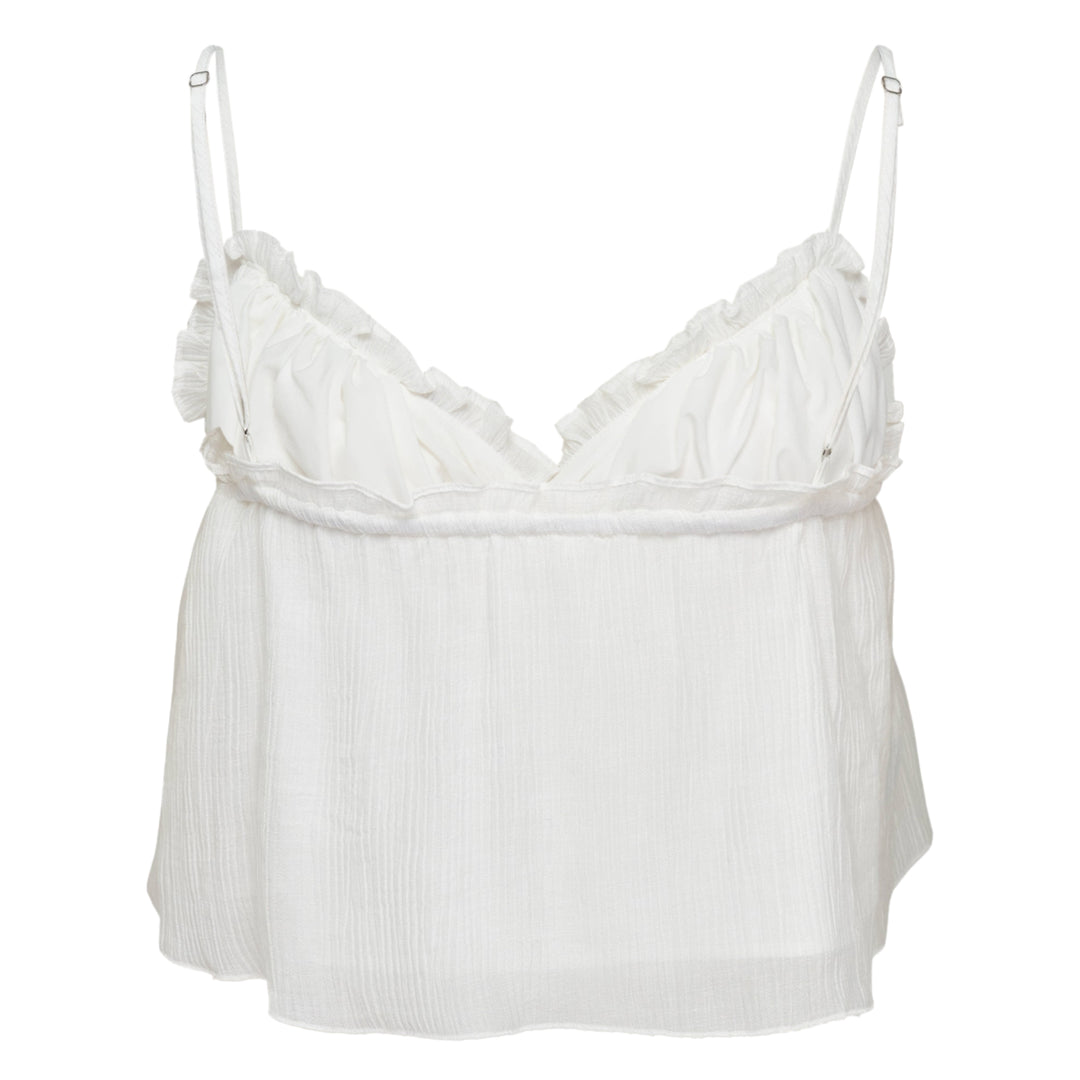 Glowny Shirred Crinkle Bustier Top in white with ruffle sweetheart neckline, adjustable spaghetti straps, and flowy babydoll hem