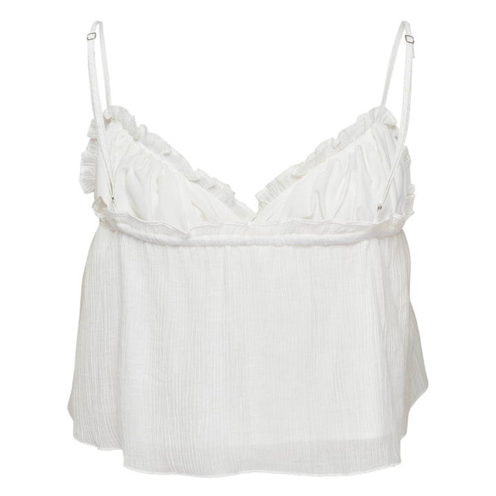 Glowny Shirred Crinkle Bustier Top in white with ruffle sweetheart neckline, adjustable spaghetti straps, and flowy babydoll hem